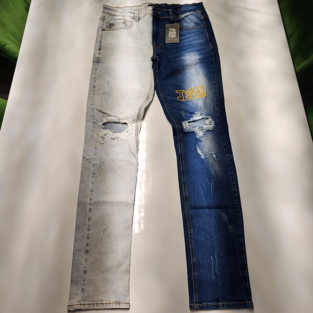 Jelon Two Tone Denim Ripped$Repair Jeansđź‘– - Picture 2 of 10